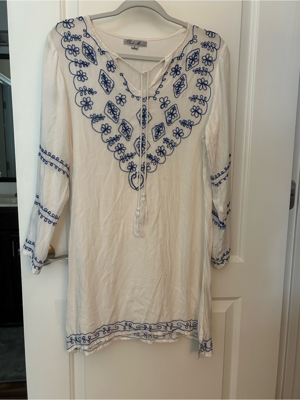 White Blue Embroidered V-Neck Lightweight Cover-Up Dress - Boho Me